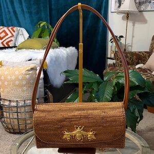 Bosom Buddy Rattan Brown Shoulder Bag with Gold Bee Accent